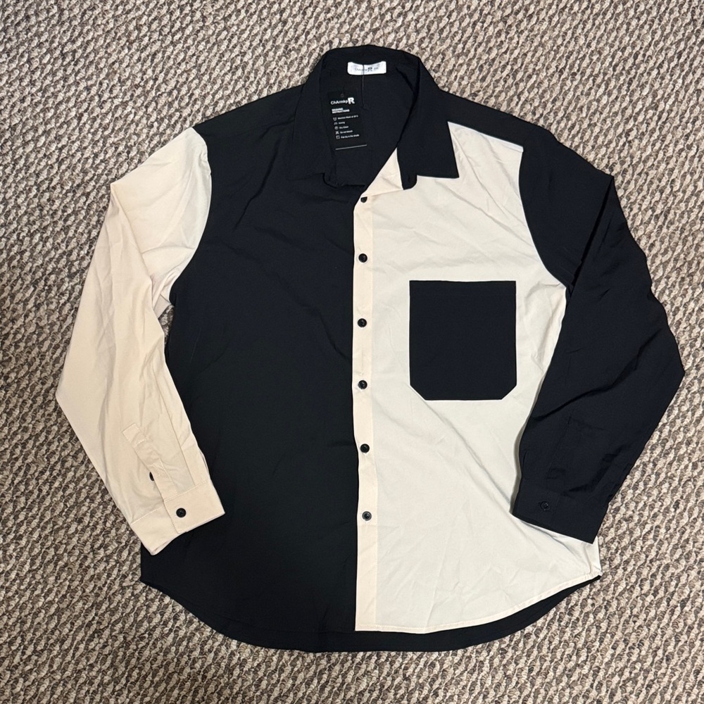 Two-Tone Black and Cream Casual Button Down Shirt XXL